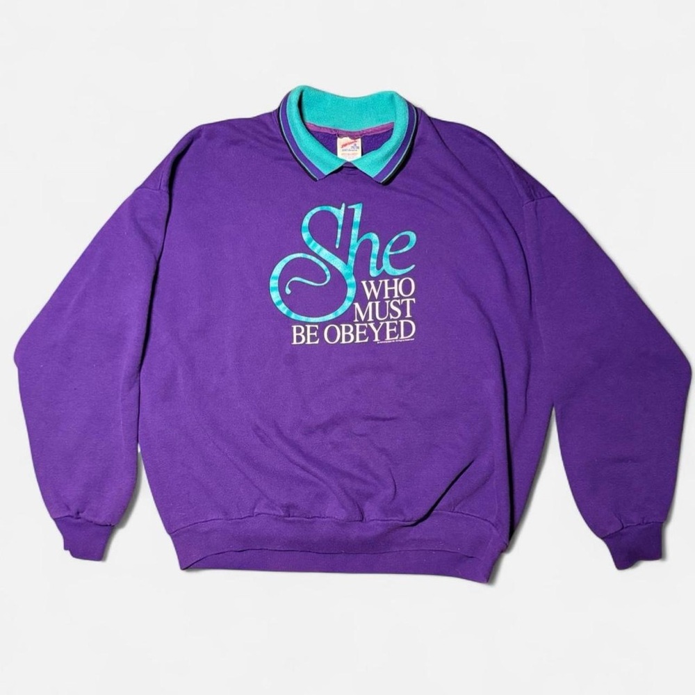 Vintage 90s ‘She who must be obeyed’ XXL purple and Turquoise collar swearshirt